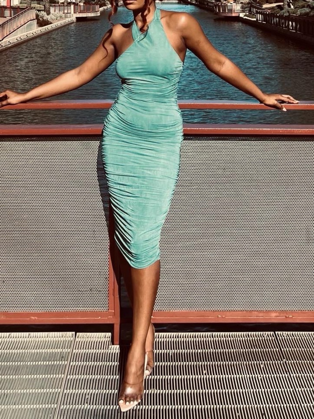 Zara Blue Green Fitted Halter Organza Dress Size S